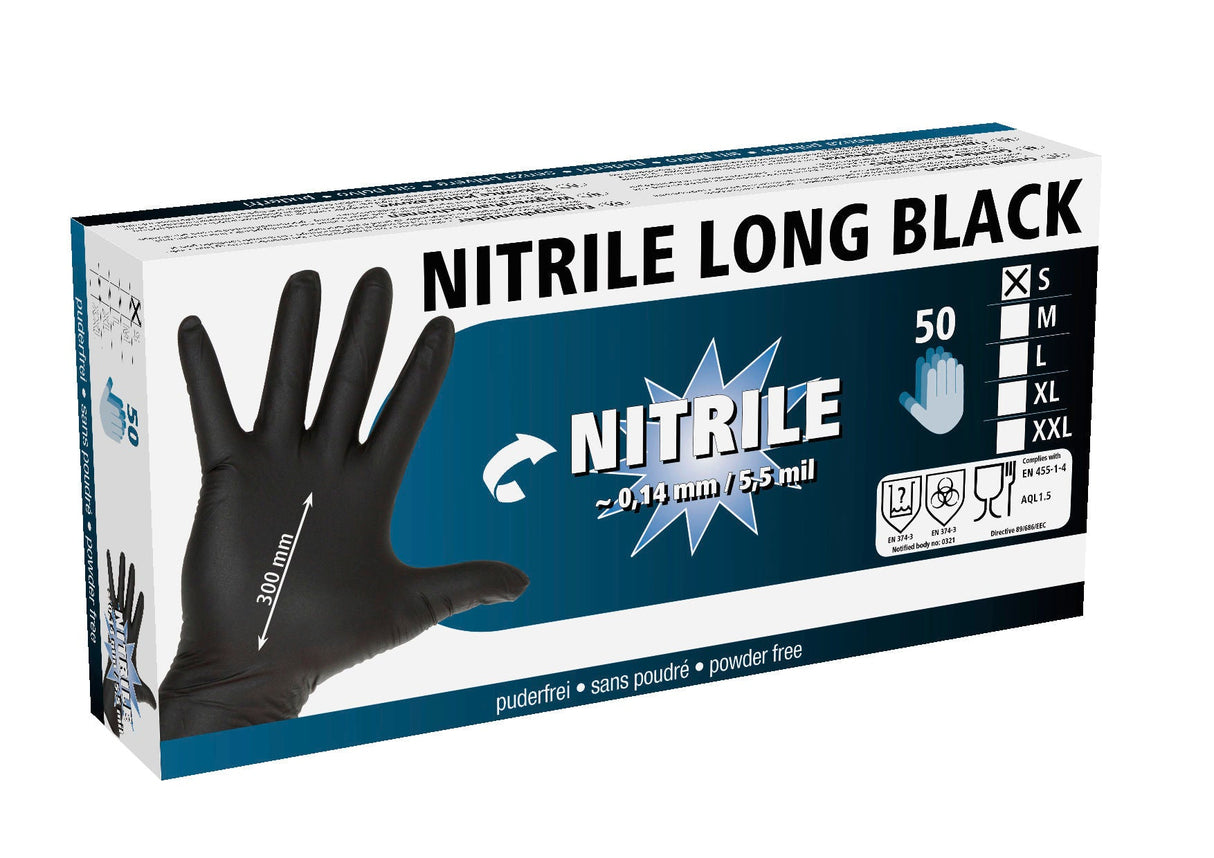 Kerbl Nitrilhandschuhe Long Black 300mm, 50 Stück, Größe S 15320