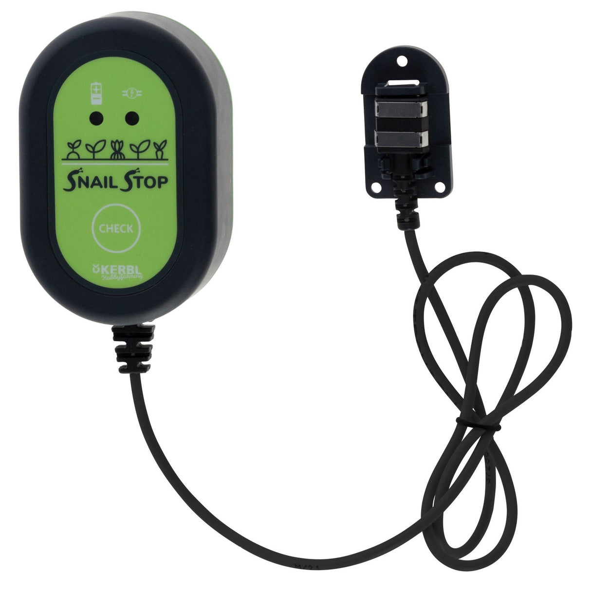 Kerbl Stromgerät mit angeschlossenem Kontaktclip und Halteplatte für SnailStop Elektrischer Schneckenzaun 291125
