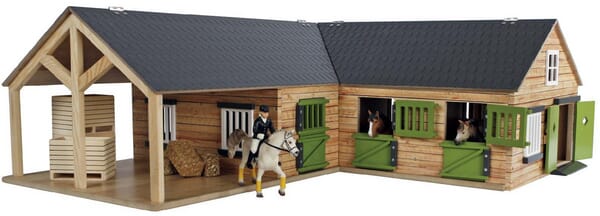 Kids Globe Pferde-Eckstall mit 3 Boxen und Lager 68x77x27cm 1:24 610211