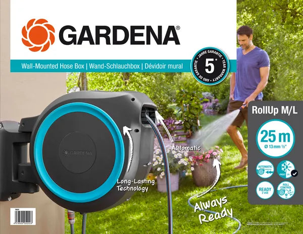 Gardena Wandmontierte Schlauchbox RollUp XL, 35 m, 1/2", mit Spritze GA18630