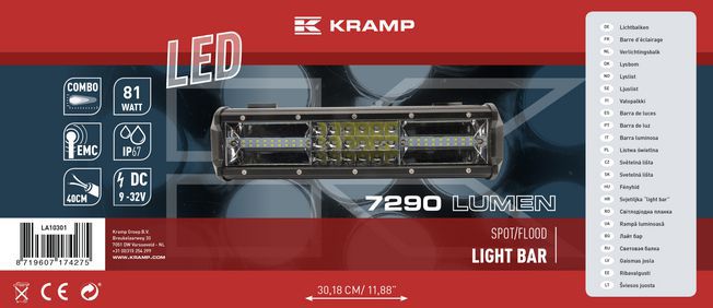 KRAMP Lichtleiste LED, 81W, 7290lm, rechteckig, 12 / 24V, weiß, 304x57mm, Kabelendhülse, Combo, 54 LEDs, Kramp LA10301