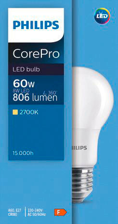 Philips LED-Birne E27 8W/60W CorePro matt 806lm, 2700K 345961