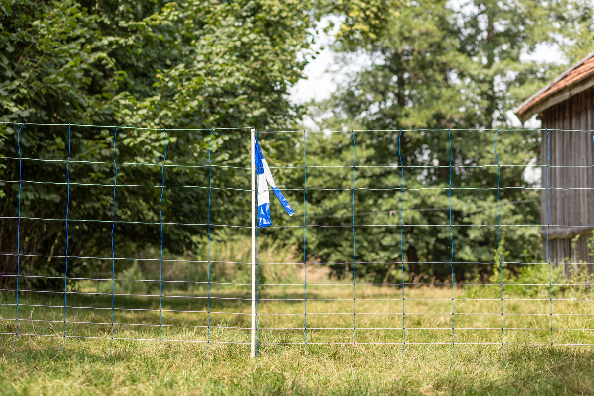 Kerbl Herdenschutzband blau/weiß, geblockt, 80mm, 100 m Rolle 27239