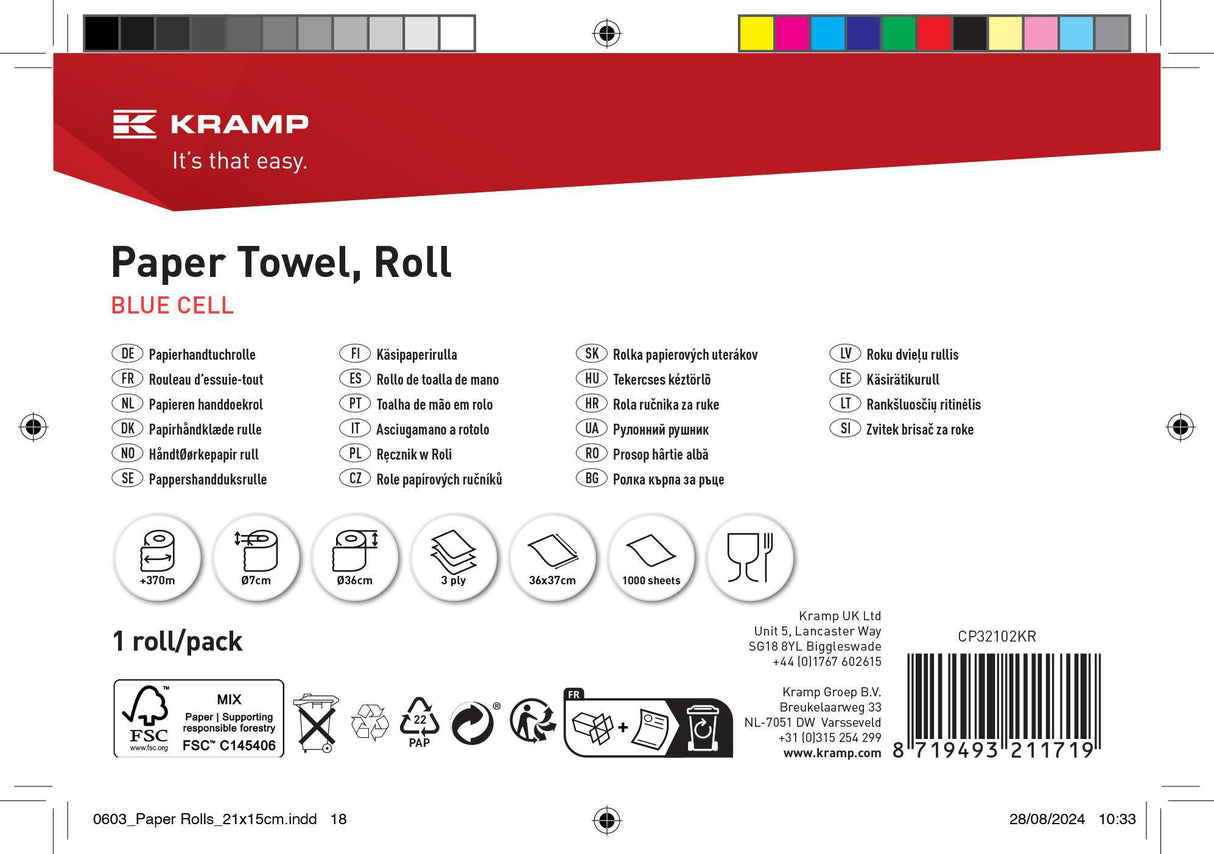 KRAMP Papierhandtuch, blaue Rolle, 36cm x 370m, 3-lagig, Außen Ø340mm, geprägt, 1 Rolle - CP32102KR