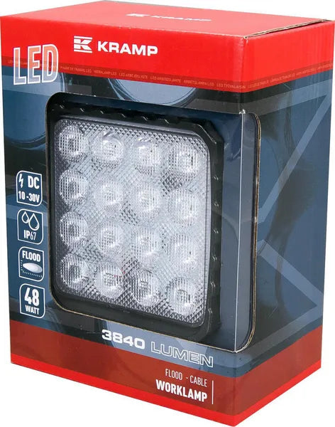 KRAMP Arbeitsscheinwerfer LED, 48W, 3840lm, quadratisch, 10/30V, 159x54,5x112mm, Flutlicht, 16 LED's, Kramp LA10047