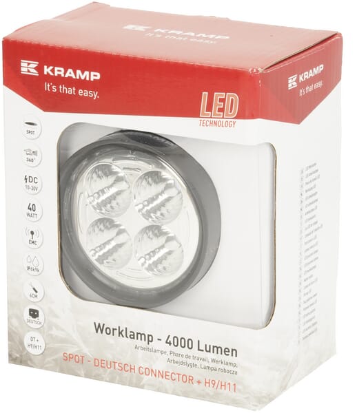 KRAMP Arbeitsscheinwerfer LED, 40W, 4000lm, rund, weiß, 10/30 V, 84x126x71.8mm, Stecker, Punktstrahl, 4 LED's, 360 Grad, AMP Kramp LA10551SP