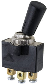 Switch, on-off-on, 12-24VDC, 10A, 125-250VAC, 2A, 3-pin, screw terminals, metal nut, plastic cap